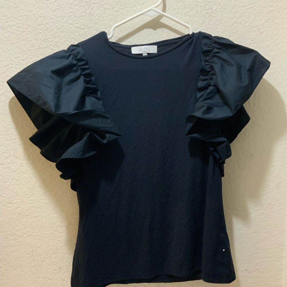 Pearl By Lela Rose Womens Ruffled Short Sleeve Crew Neck Knit Shirt black M